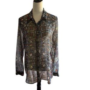 CAbi Women’s Sheer Festival Long-sleeved Multicolor Abstract Patterned Blouse